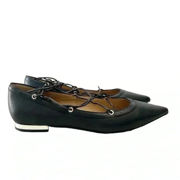 Aldo Alize Black Leather Ballet Flats Pointy Toe Lace Up Ankle Ties Size 7.5 - Picture 4 of 16
